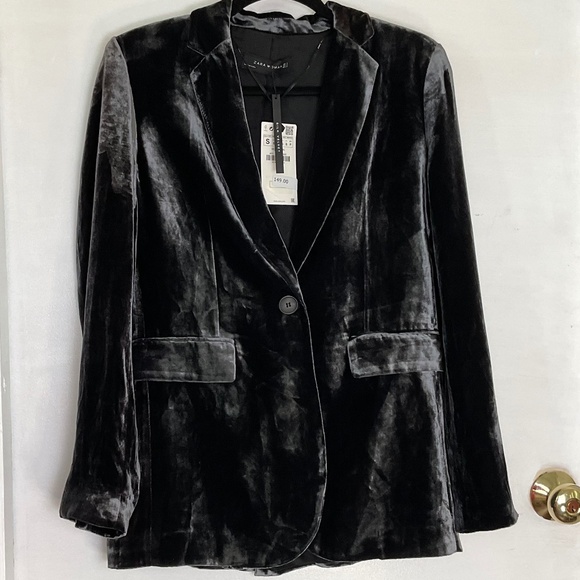 ZARA WOMAN GREY SILK/VELVET ONE BUTTON BLAZER SIZE SMALL - Picture 4 of 16